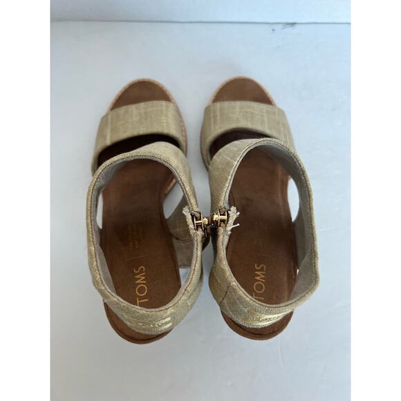 Toms Majorca Champagne Metallic Foil Textile Cutout Natural Heel Sandals Size 8 - Picture 6 of 9